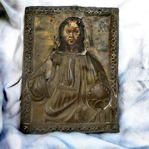 Belle Icône Orthodoxe, Christ Pantocrator, Laiton Repoussé, Russie ou Grèce, XiXe siècle n