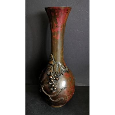 Vase En Bronze, Trompe l'Oeil De Grappe, Multi Patines, Japon XIXe