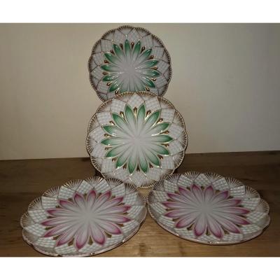 4 Assiettes Porcelaine Emaillée, Eventails Et Fleurs, XIXe Siècle