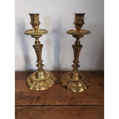 Beautiful Pair Of Candlesticks , Gilt Bronze, Shells And Acanthus, 19thc Neo Classical