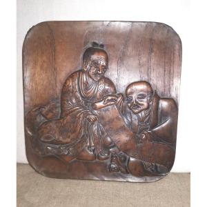 Sculpture On Panel, Monk & Dignitary, Japan Meïji 19thc 