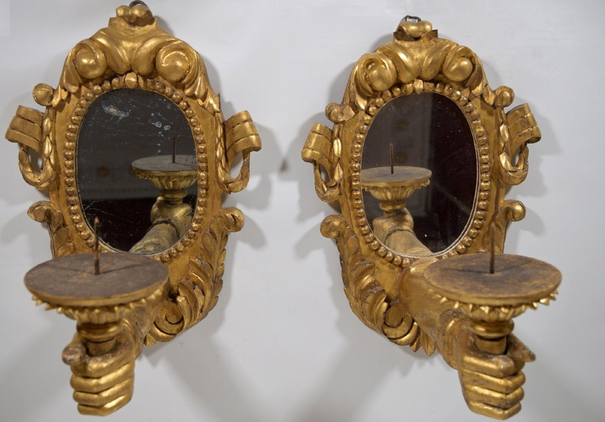 Paire de bras d'applique sur miroirs en bois doré-photo-4