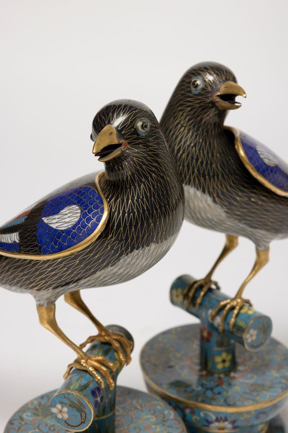 Paire de grands oiseaux en cloisonné chinois-photo-2
