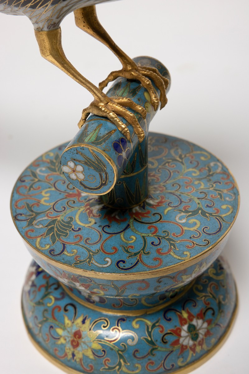 Paire de grands oiseaux en cloisonné chinois-photo-1