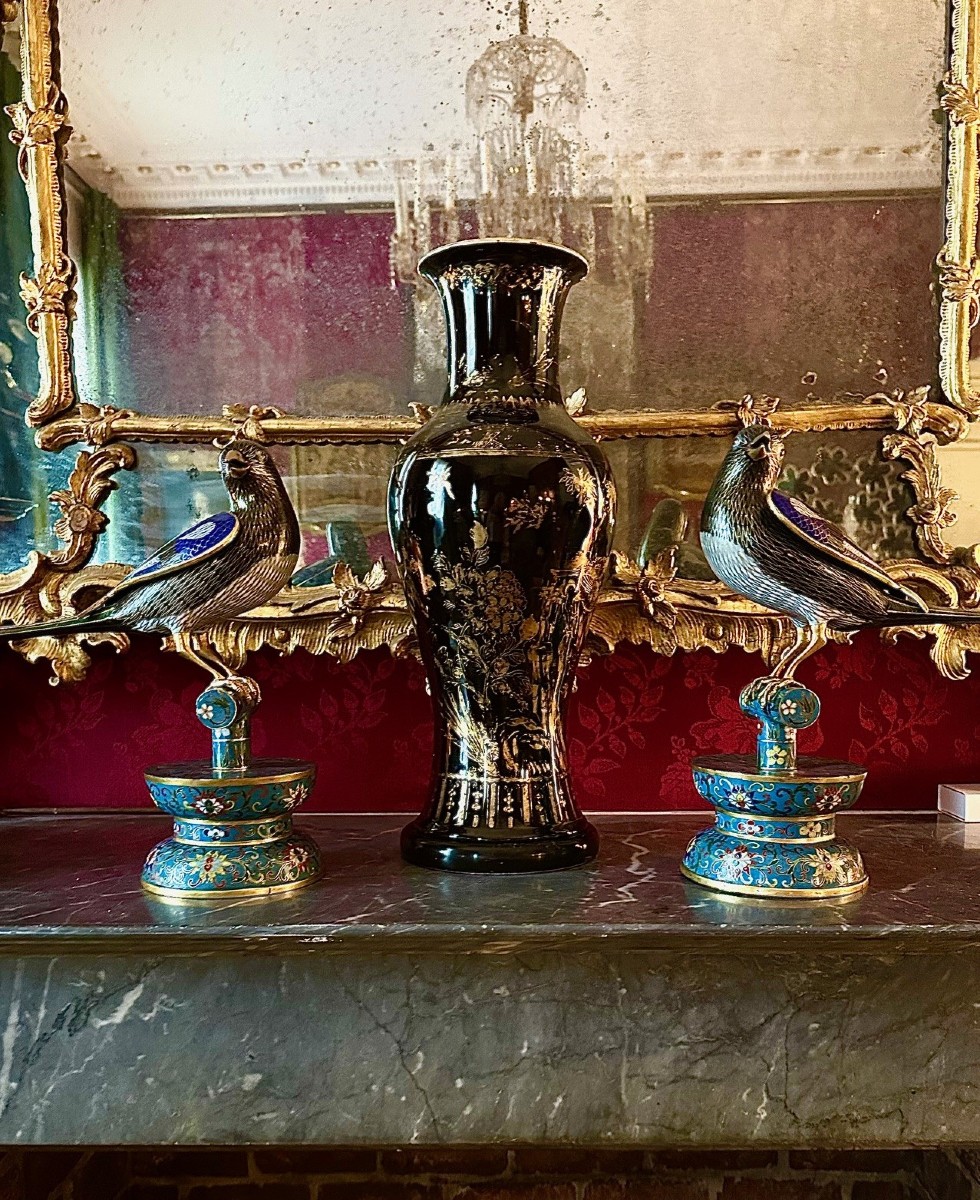 Paire de grands oiseaux en cloisonné chinois-photo-2