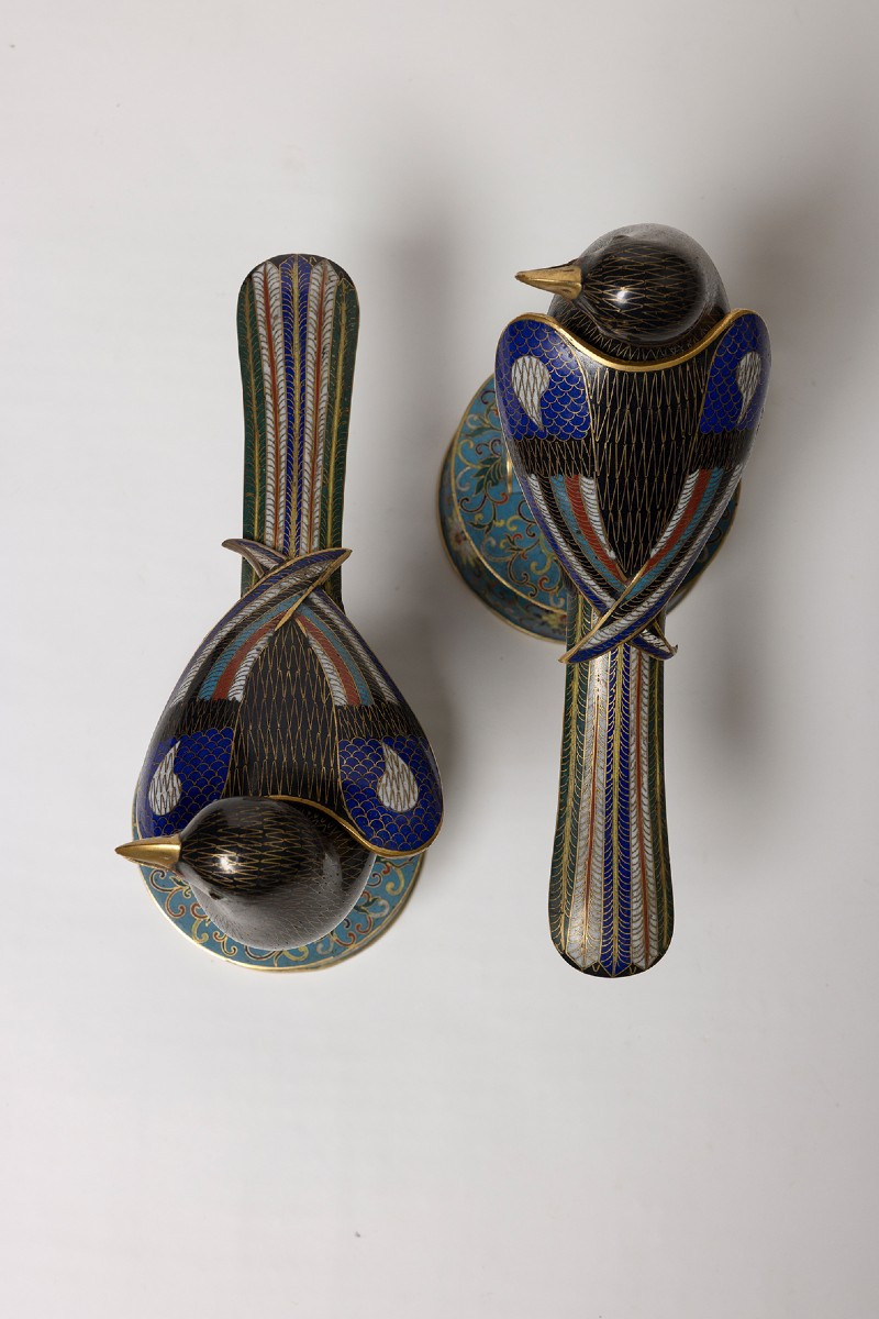 Paire de grands oiseaux en cloisonné chinois-photo-5