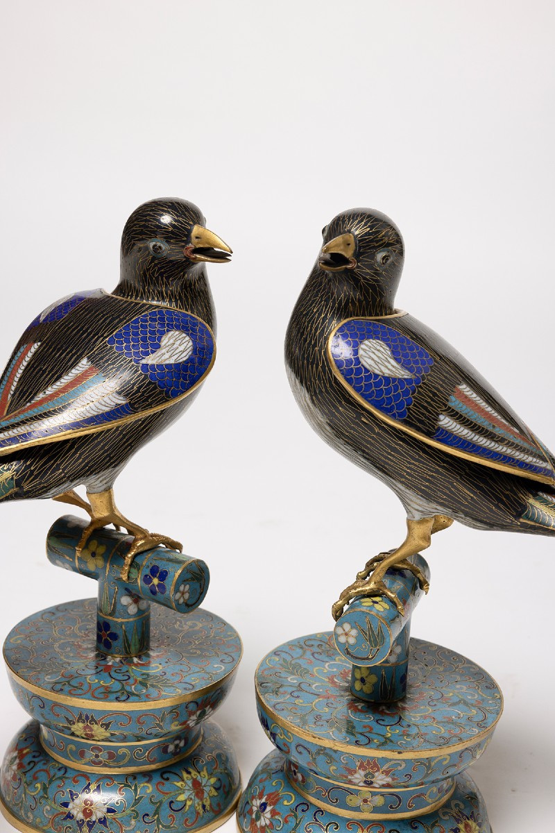 Paire de grands oiseaux en cloisonné chinois-photo-6