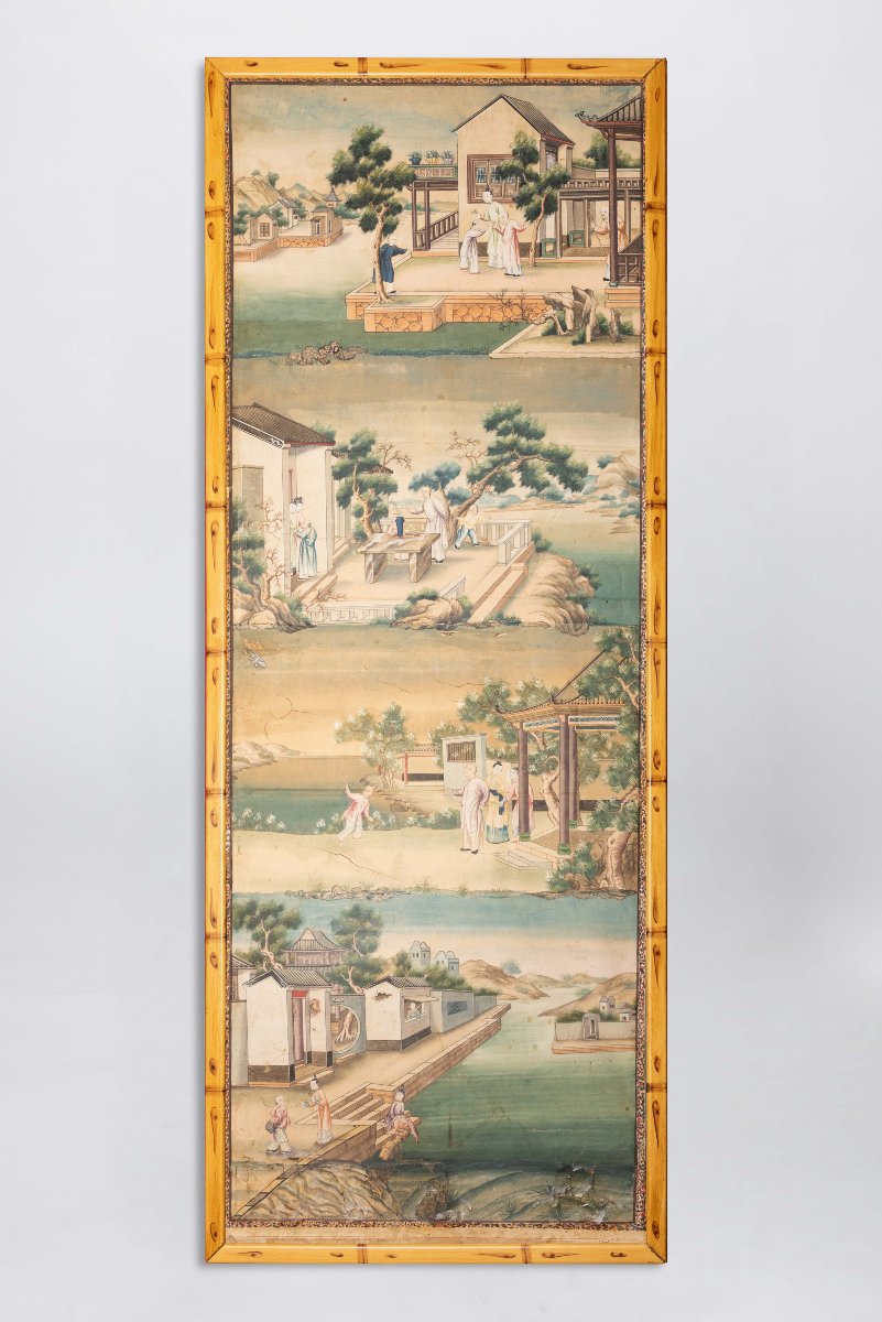 Ensemble de six panneaux de papier peint chinois, 18ème Siècle-photo-1