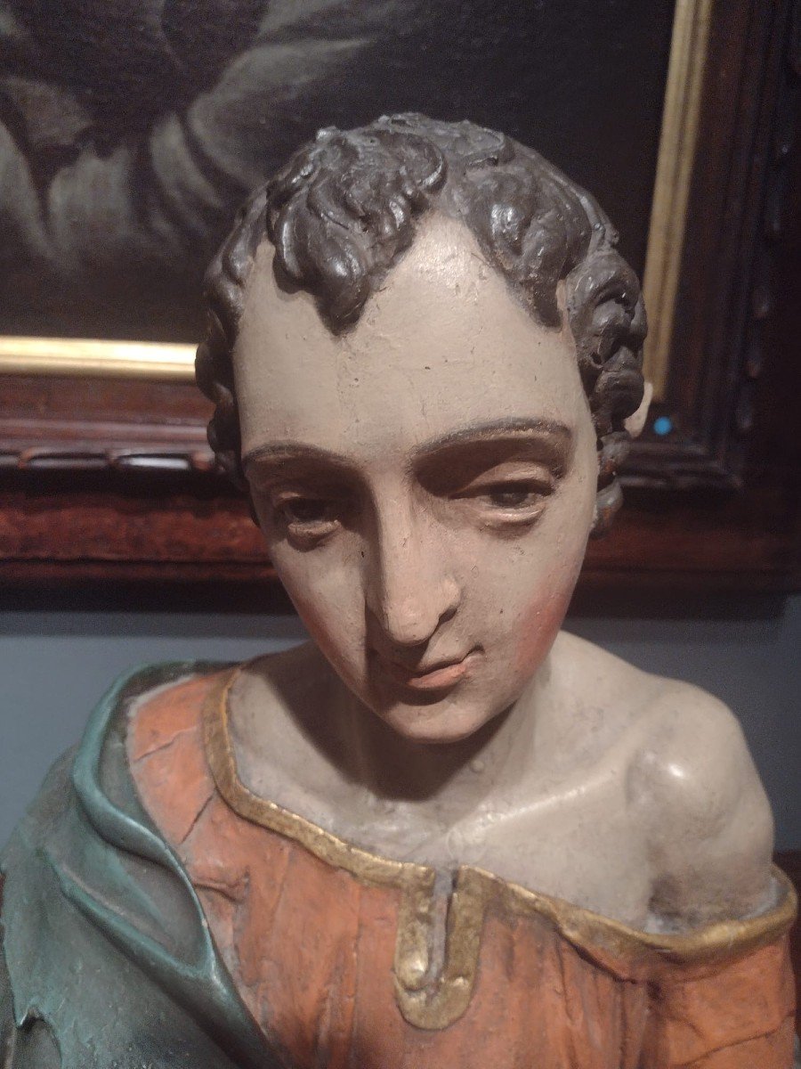 Half-length Polychrome Wood Bust Of A Saint-photo-7