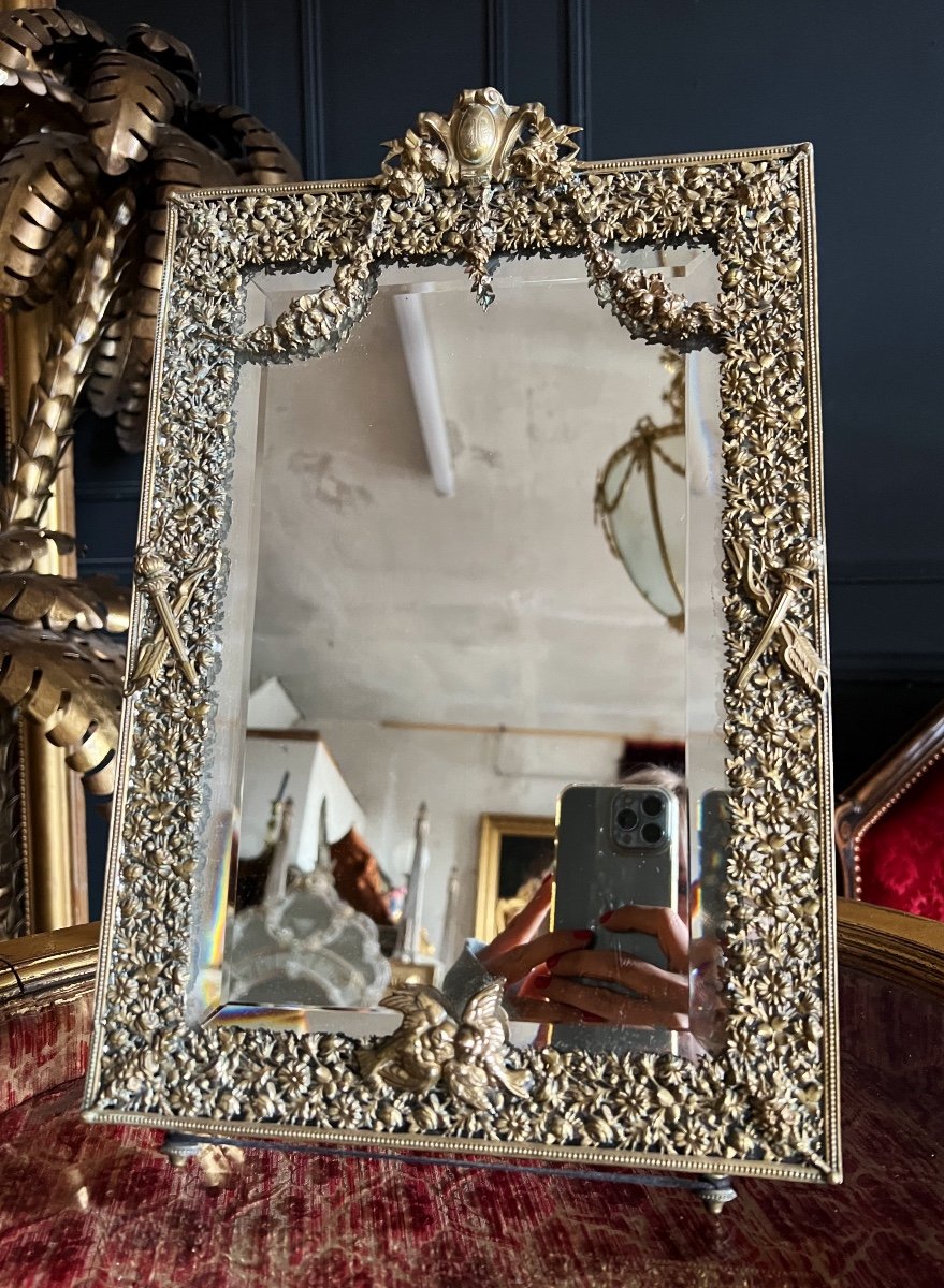 Napoleon III Period Psyche Mirror In Very Finely Chiseled Brass Louis XVI Style-photo-2