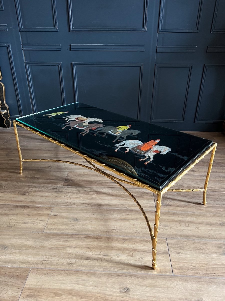 Maison Baguès: Coffee Table In Gilded Bronze And Rare Top In Japanese-style Chinese Lacquer-photo-3