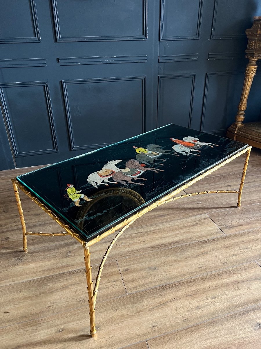 Maison Baguès: Coffee Table In Gilded Bronze And Rare Top In Japanese-style Chinese Lacquer-photo-2