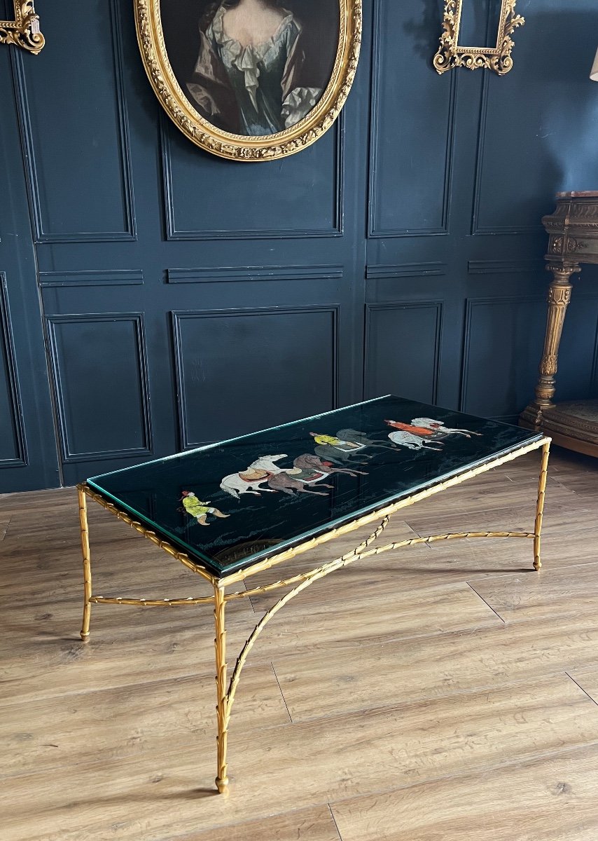 Maison Baguès: Coffee Table In Gilded Bronze And Rare Top In Japanese-style Chinese Lacquer-photo-1