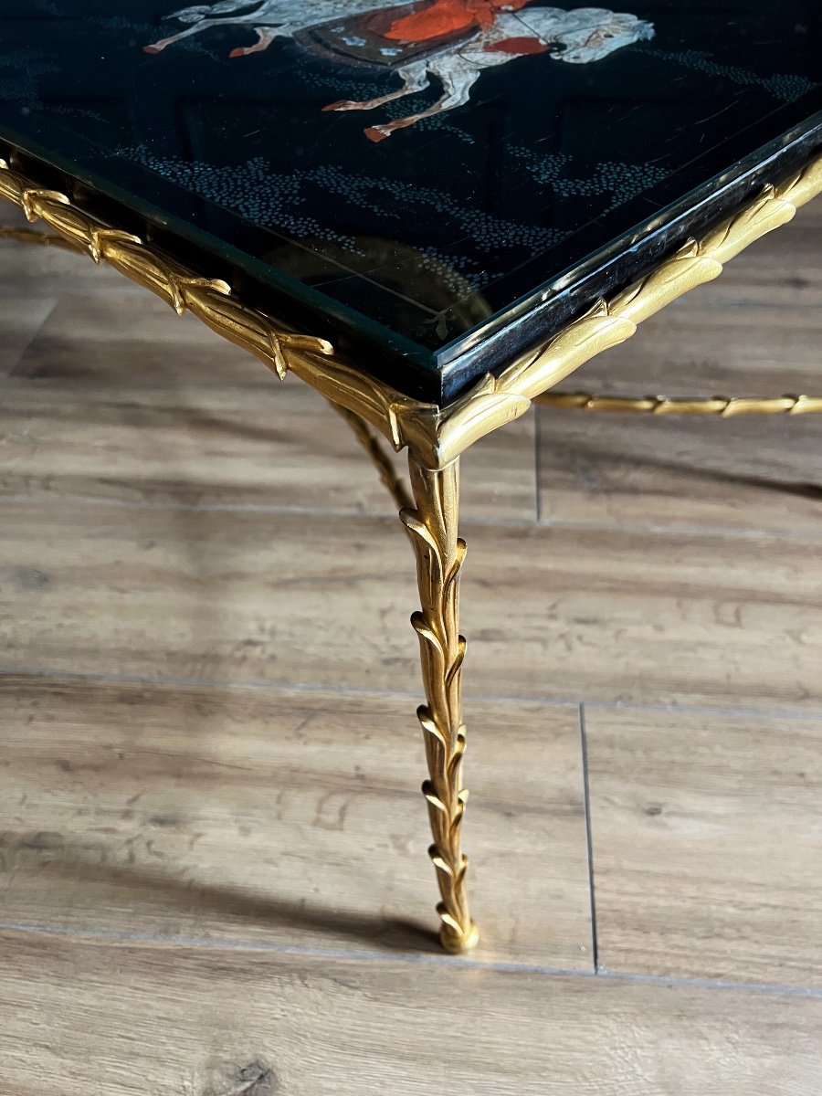 Maison Baguès: Coffee Table In Gilded Bronze And Rare Top In Japanese-style Chinese Lacquer-photo-7