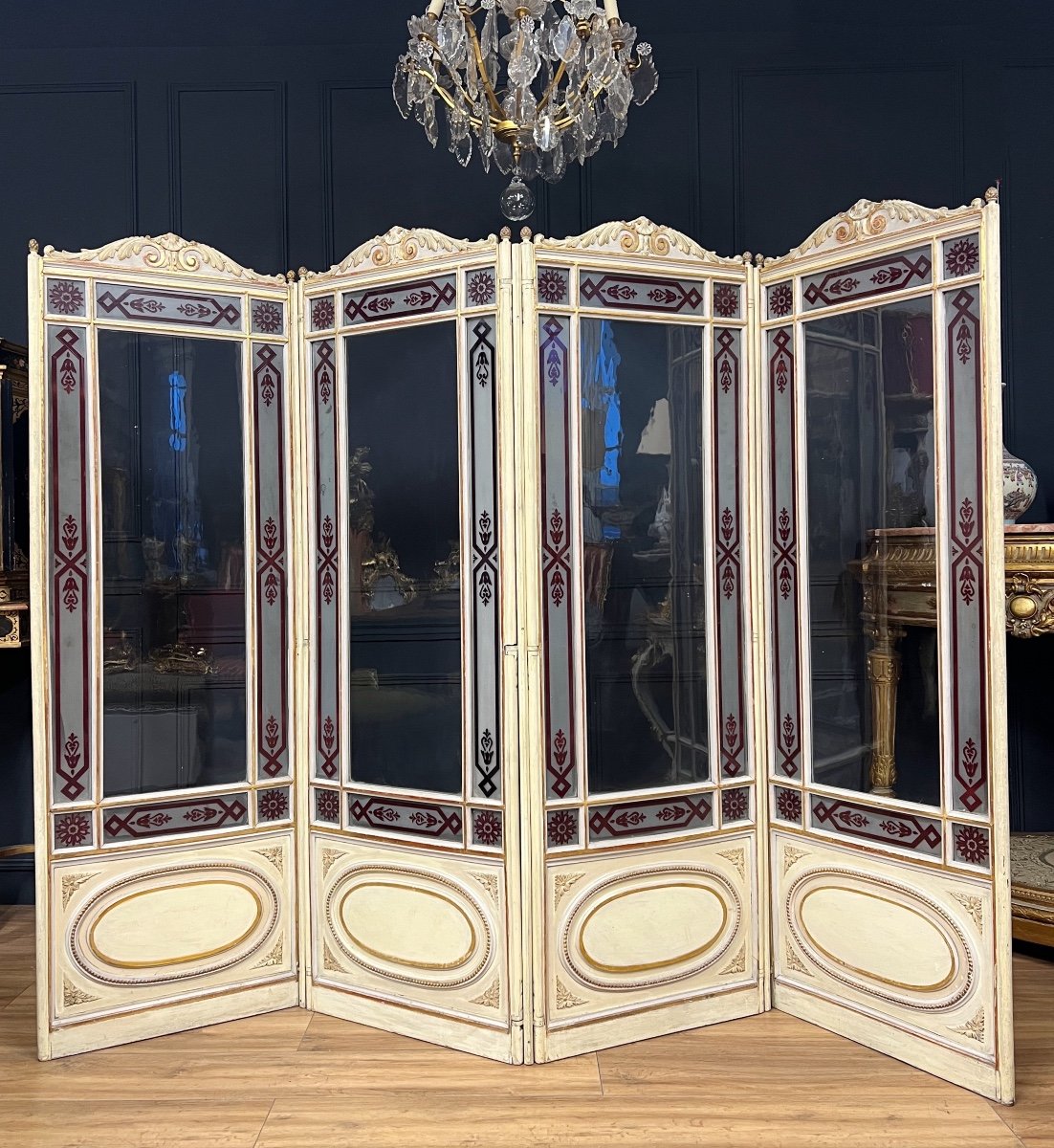 Screen With 4 Leaves From The XIX In Painted Wood And Etched Glass Released With Acid In Louis XVI Style-photo-4