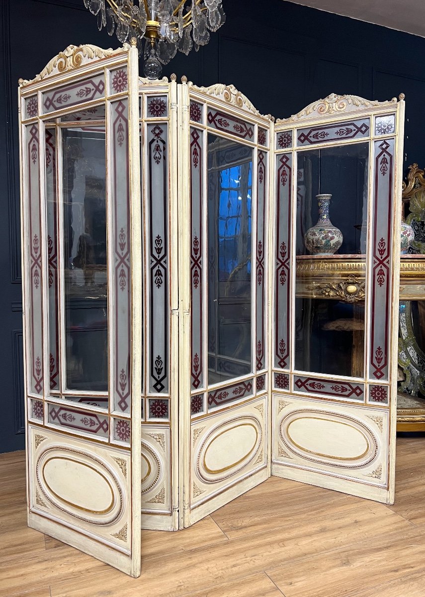 Screen With 4 Leaves From The XIX In Painted Wood And Etched Glass Released With Acid In Louis XVI Style-photo-1