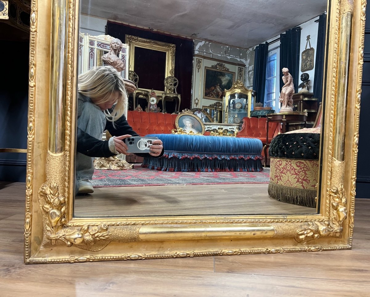 Miroir D’époque Napoléon III En Bois Doré à La Feuille à Décor D’une Tête Et De Fleurs - XIXe-photo-6