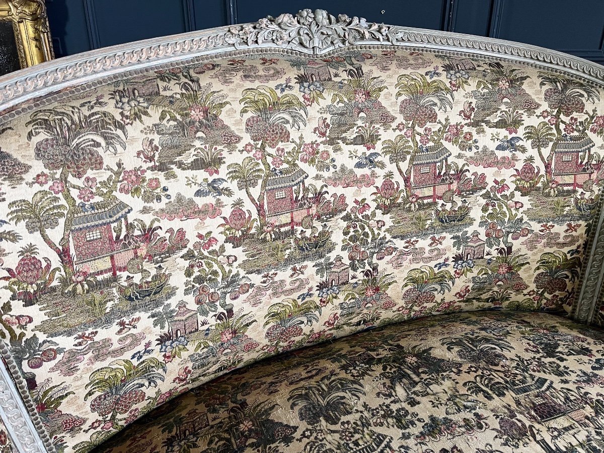 Canapé Corbeille D’époque Napoléon III En Bois Peint - Tissu à Décor De Chinoiseries XIXe-photo-1