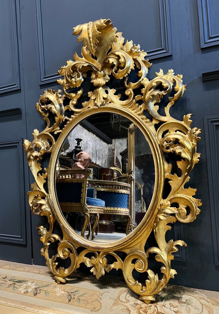 Miroir Italien D’époque Napoléon III En Bois Doré à La Feuille D’or - XIXe-photo-2