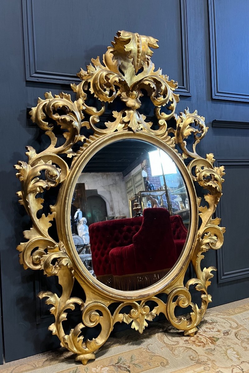 Miroir Italien D’époque Napoléon III En Bois Doré à La Feuille D’or - XIXe-photo-3