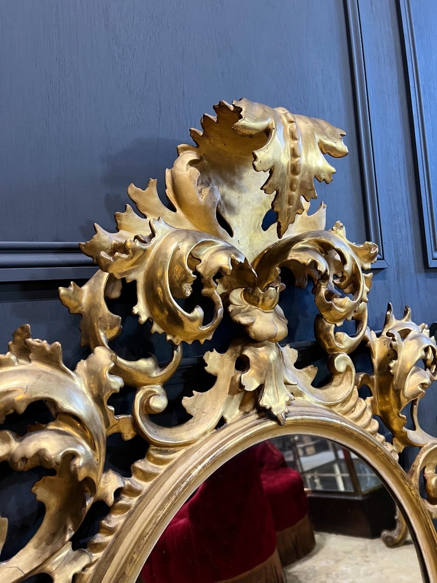 Miroir Italien D’époque Napoléon III En Bois Doré à La Feuille D’or - XIXe-photo-1