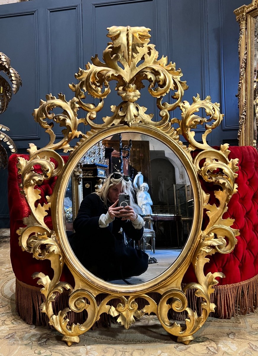 Miroir Italien D’époque Napoléon III En Bois Doré à La Feuille D’or - XIXe