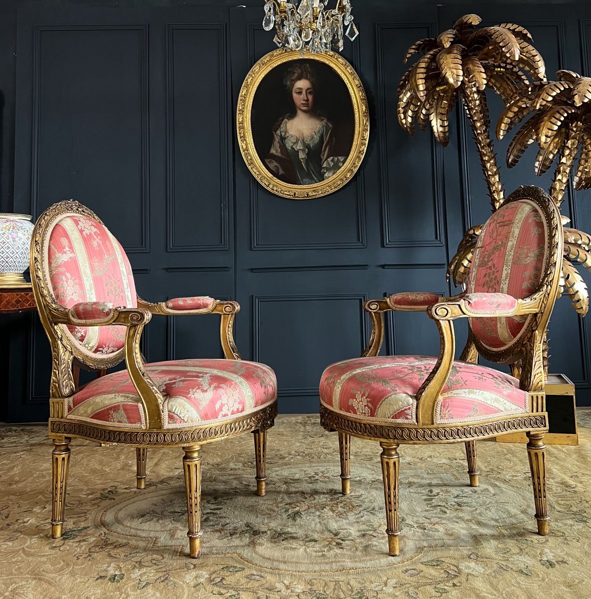 Pair Of Napoleon III Medallion Armchairs In Golden Wood Louis XVI Style-photo-3