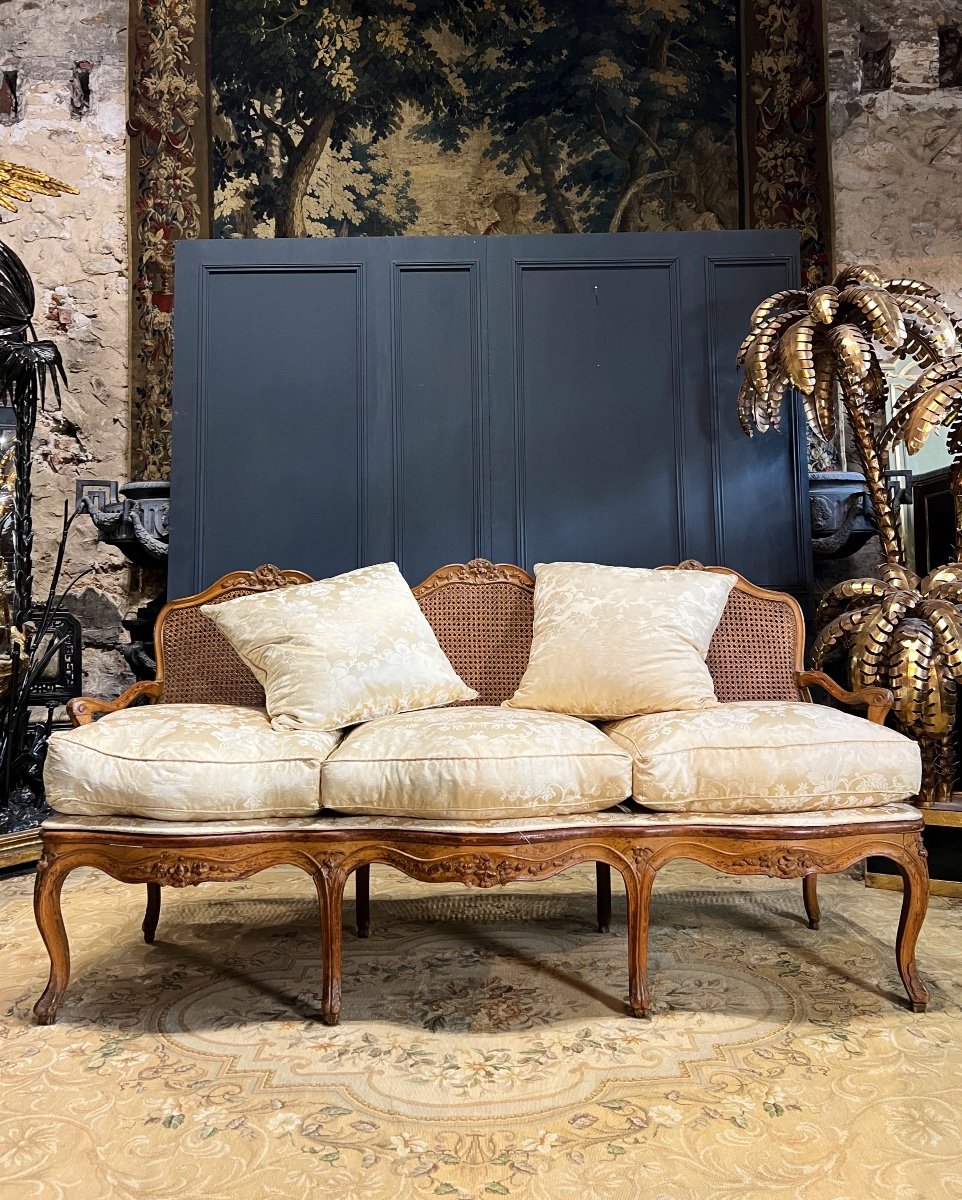 Cannage Sofa From The Louis XV Period In Beech And Its Silk Cushions-photo-2