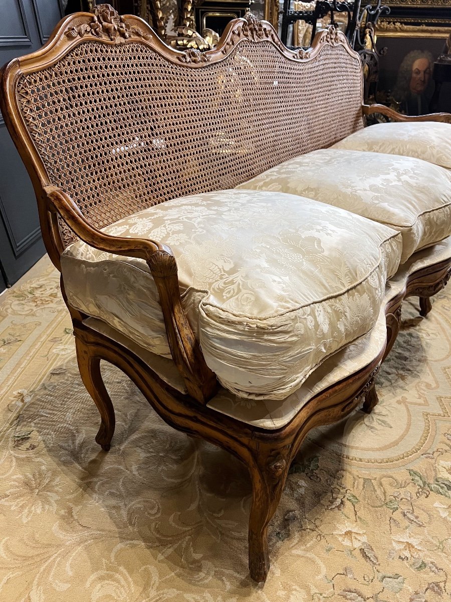 Cannage Sofa From The Louis XV Period In Beech And Its Silk Cushions-photo-7