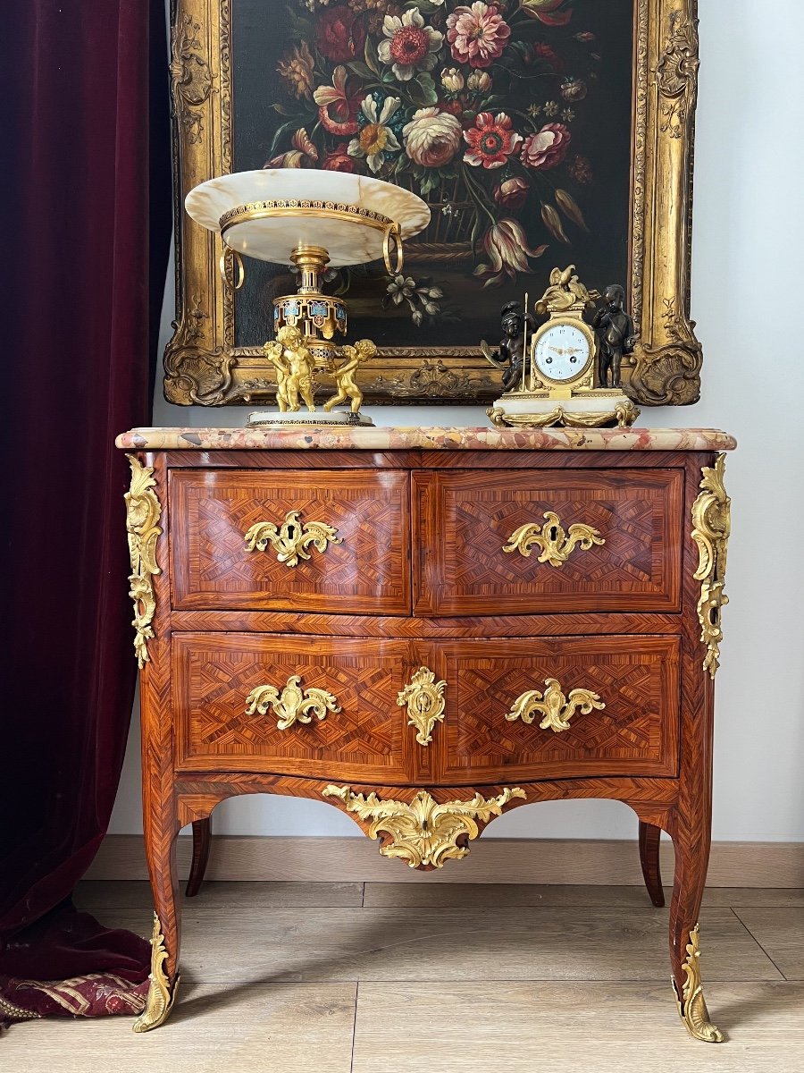 Commode Sauteuse D’époque Louis XV En Marqueterie Et Bronze Doré - XVIIIe-photo-2