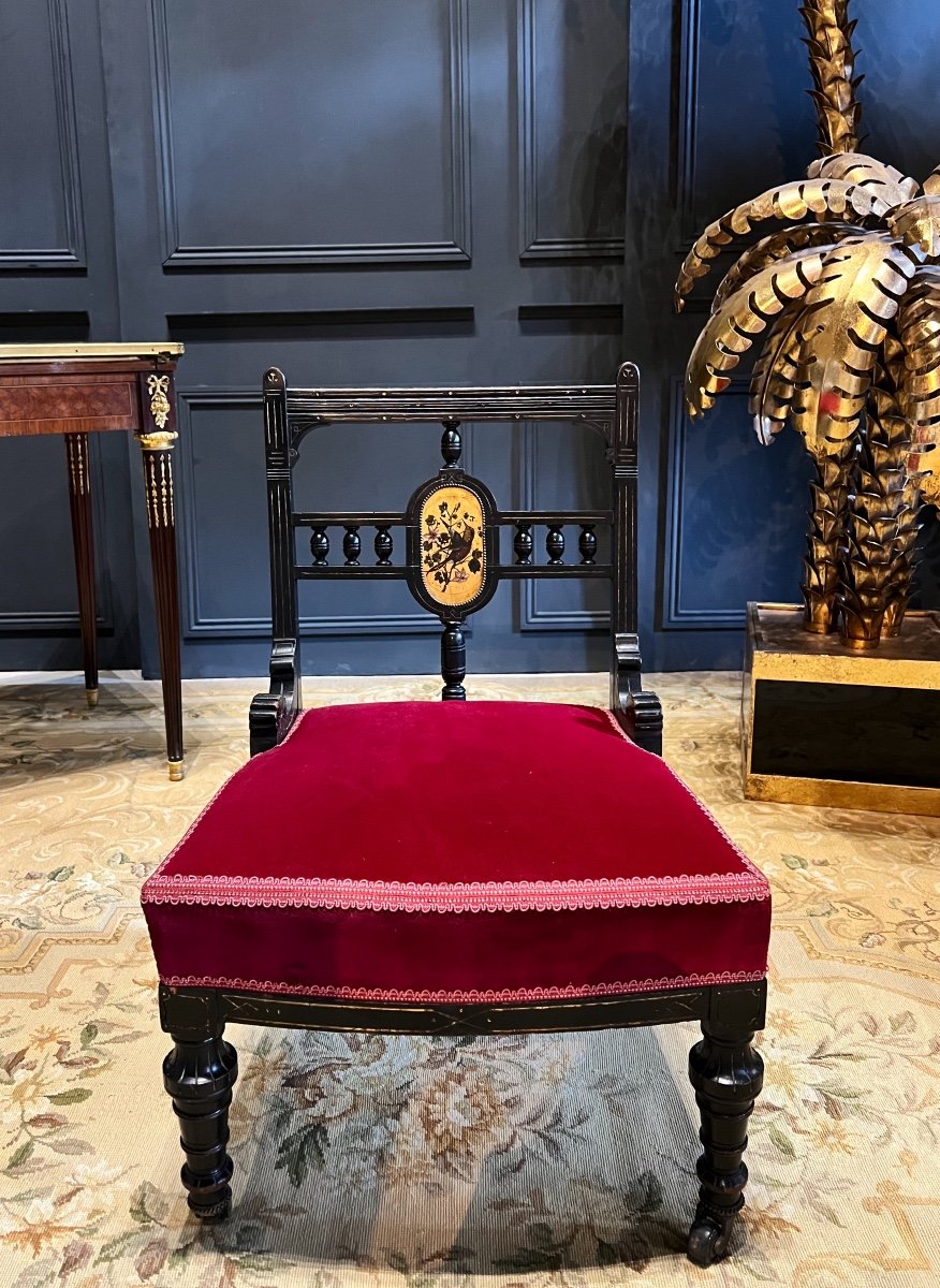 Napoleon III Period Fireside Chair In Blackened Wood Decorated With A Painting Representing A Bird-photo-2