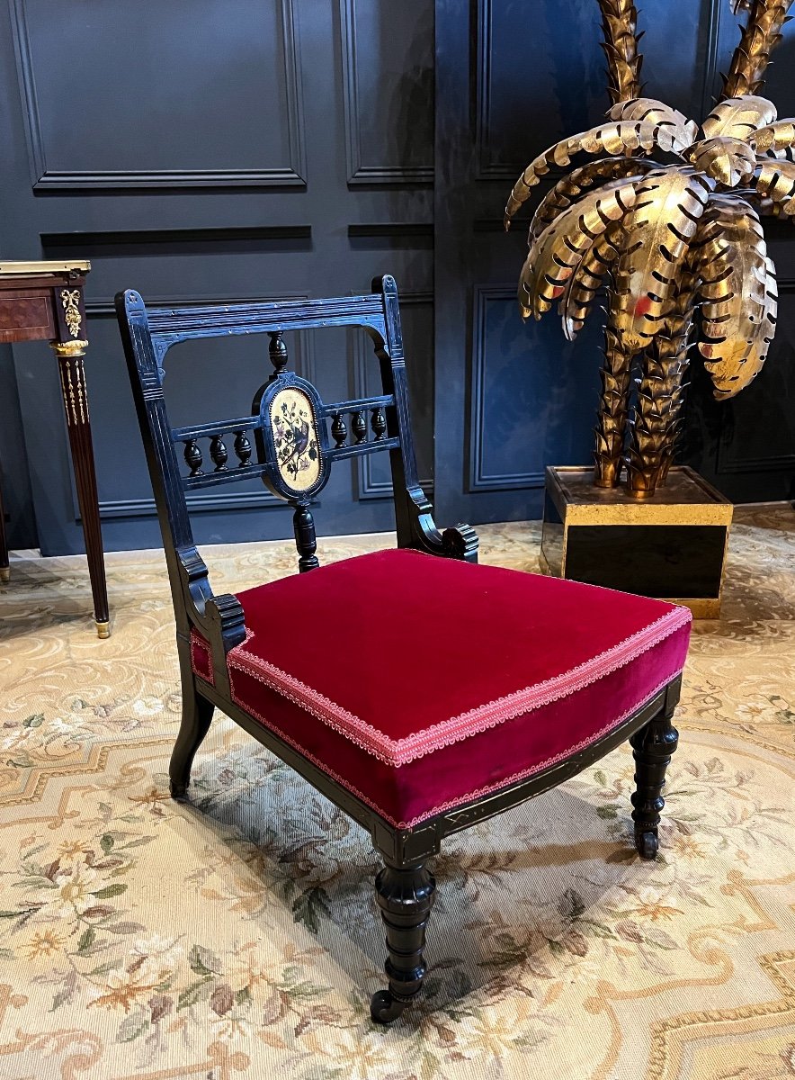 Napoleon III Period Fireside Chair In Blackened Wood Decorated With A Painting Representing A Bird-photo-3