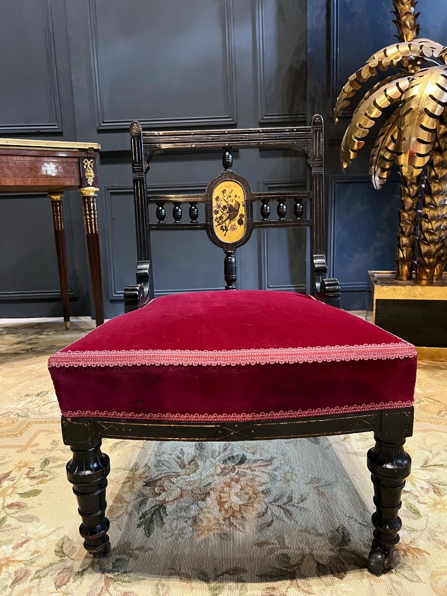 Napoleon III Period Fireside Chair In Blackened Wood Decorated With A Painting Representing A Bird-photo-4