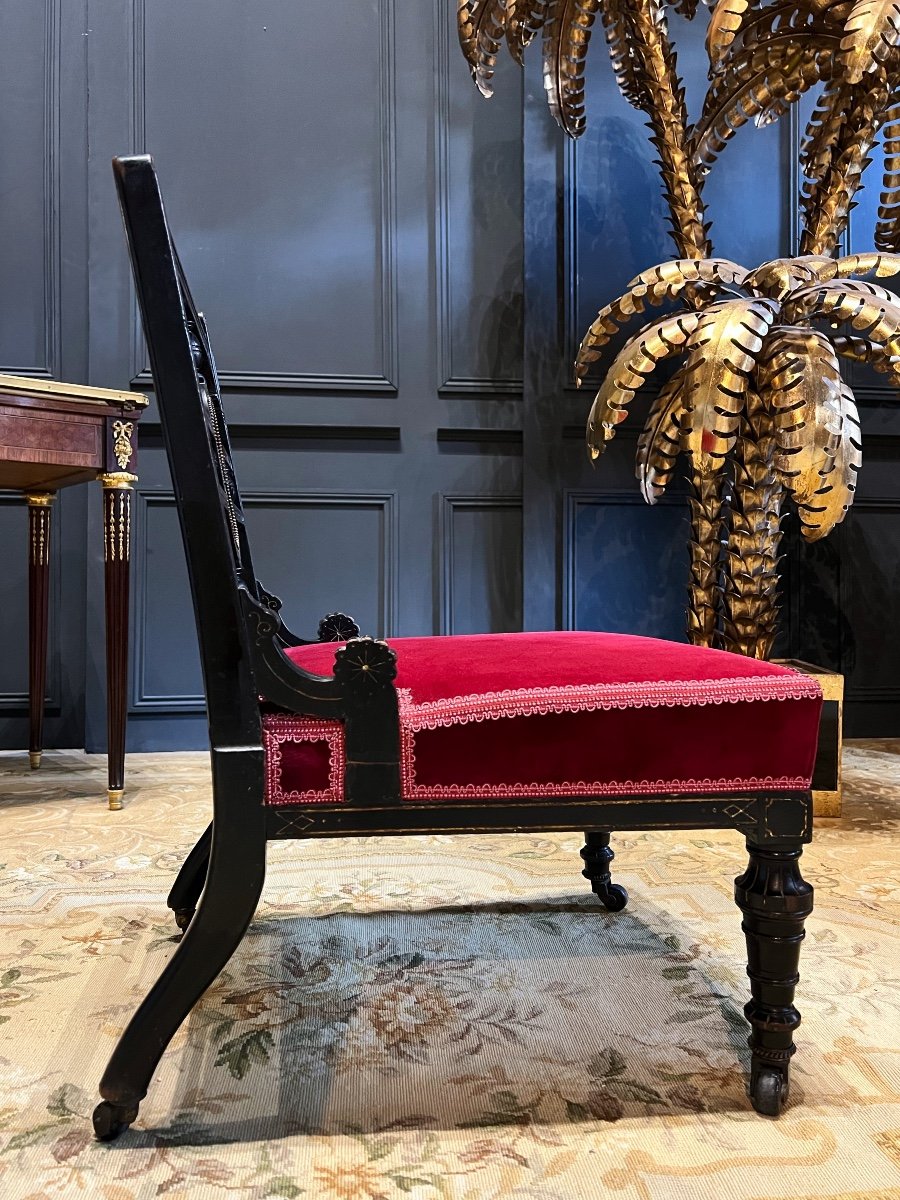 Napoleon III Period Fireside Chair In Blackened Wood Decorated With A Painting Representing A Bird-photo-3