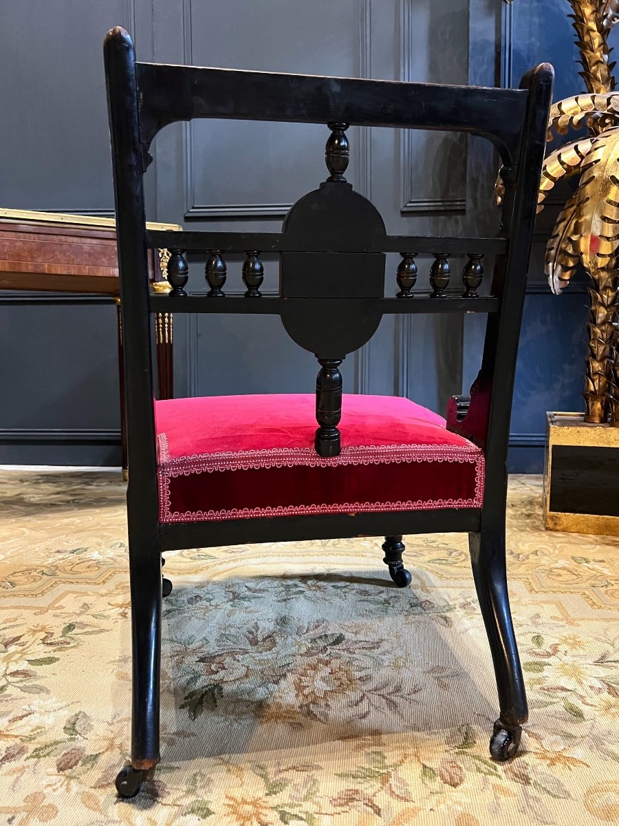 Napoleon III Period Fireside Chair In Blackened Wood Decorated With A Painting Representing A Bird-photo-4