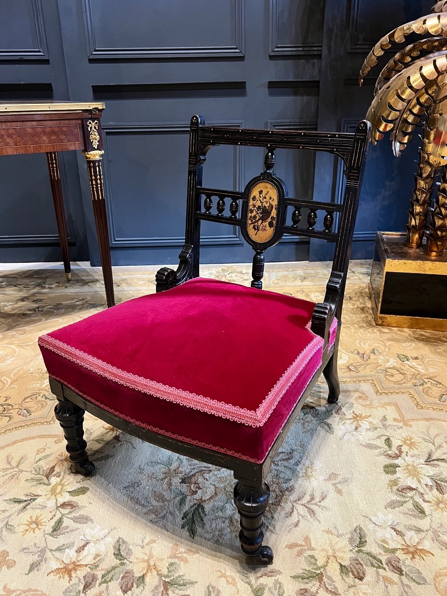 Napoleon III Period Fireside Chair In Blackened Wood Decorated With A Painting Representing A Bird
