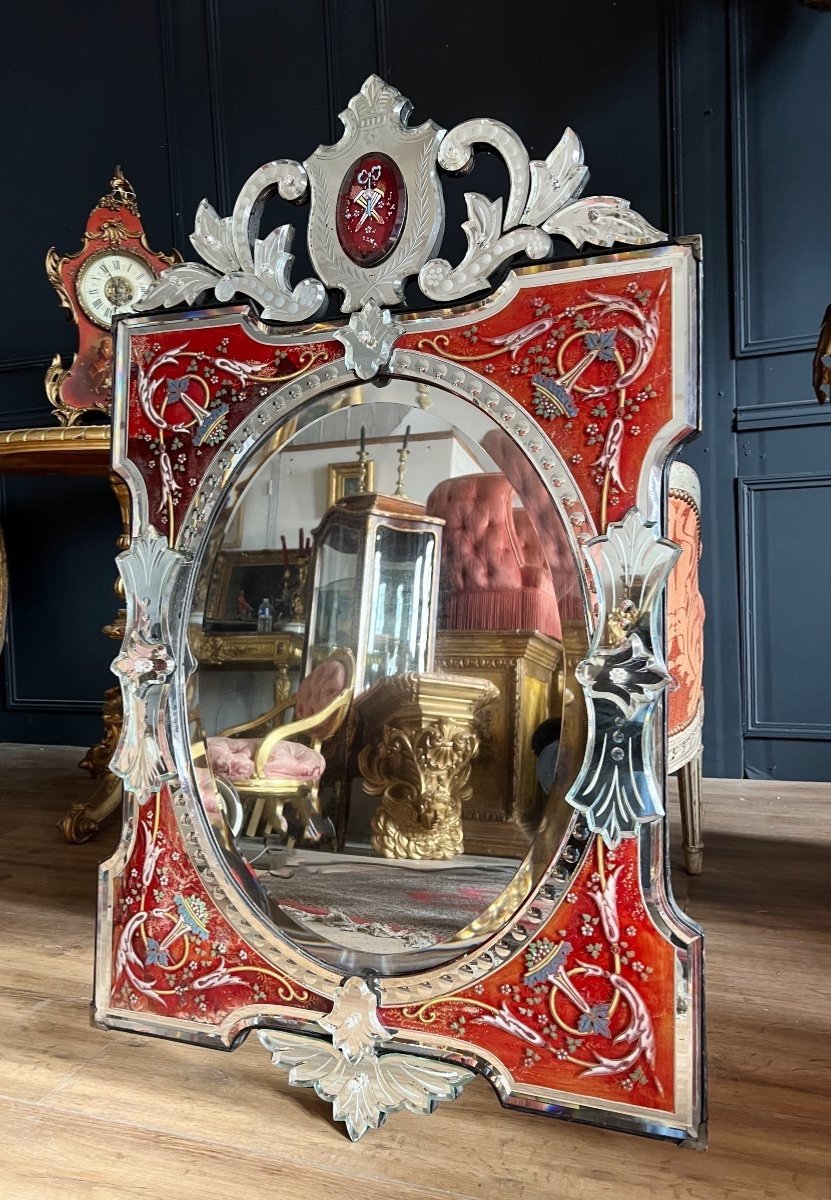 Napoleon III Period Venice Mirror In Red Glass With Floral Decor - Nineteenth-photo-2