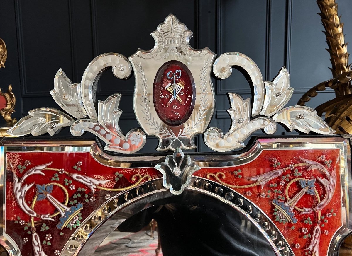 Napoleon III Period Venice Mirror In Red Glass With Floral Decor - Nineteenth-photo-1