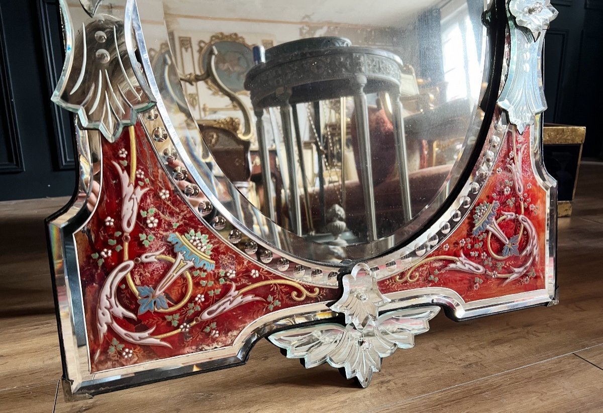 Napoleon III Period Venice Mirror In Red Glass With Floral Decor - Nineteenth-photo-4