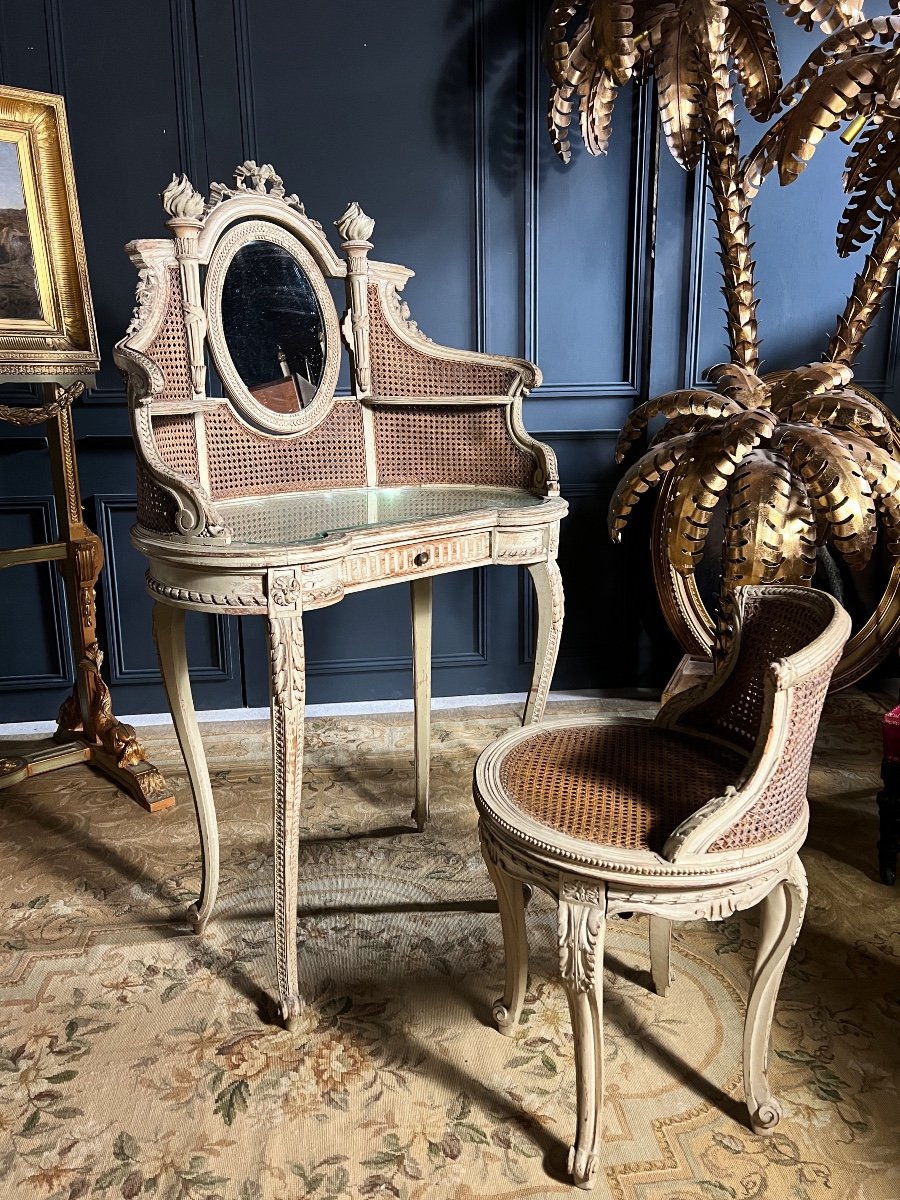 Dressing Table And Its Chair In Caning From The Napoleon III Period In Painted Wood In The Louis XVI Style-photo-2