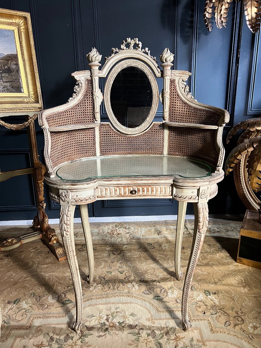 Dressing Table And Its Chair In Caning From The Napoleon III Period In Painted Wood In The Louis XVI Style-photo-3