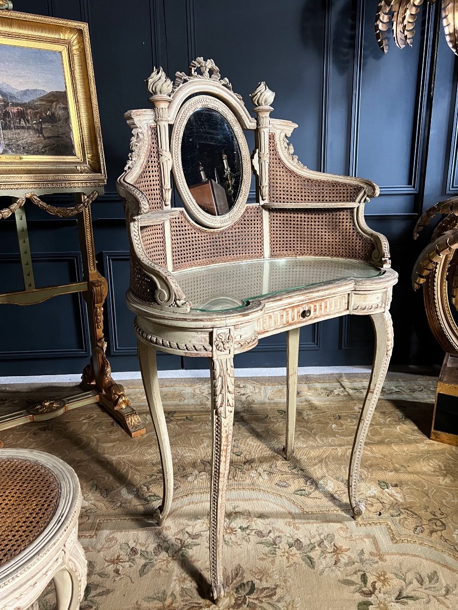 Dressing Table And Its Chair In Caning From The Napoleon III Period In Painted Wood In The Louis XVI Style-photo-4