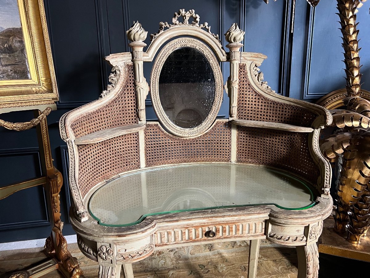Dressing Table And Its Chair In Caning From The Napoleon III Period In Painted Wood In The Louis XVI Style-photo-1