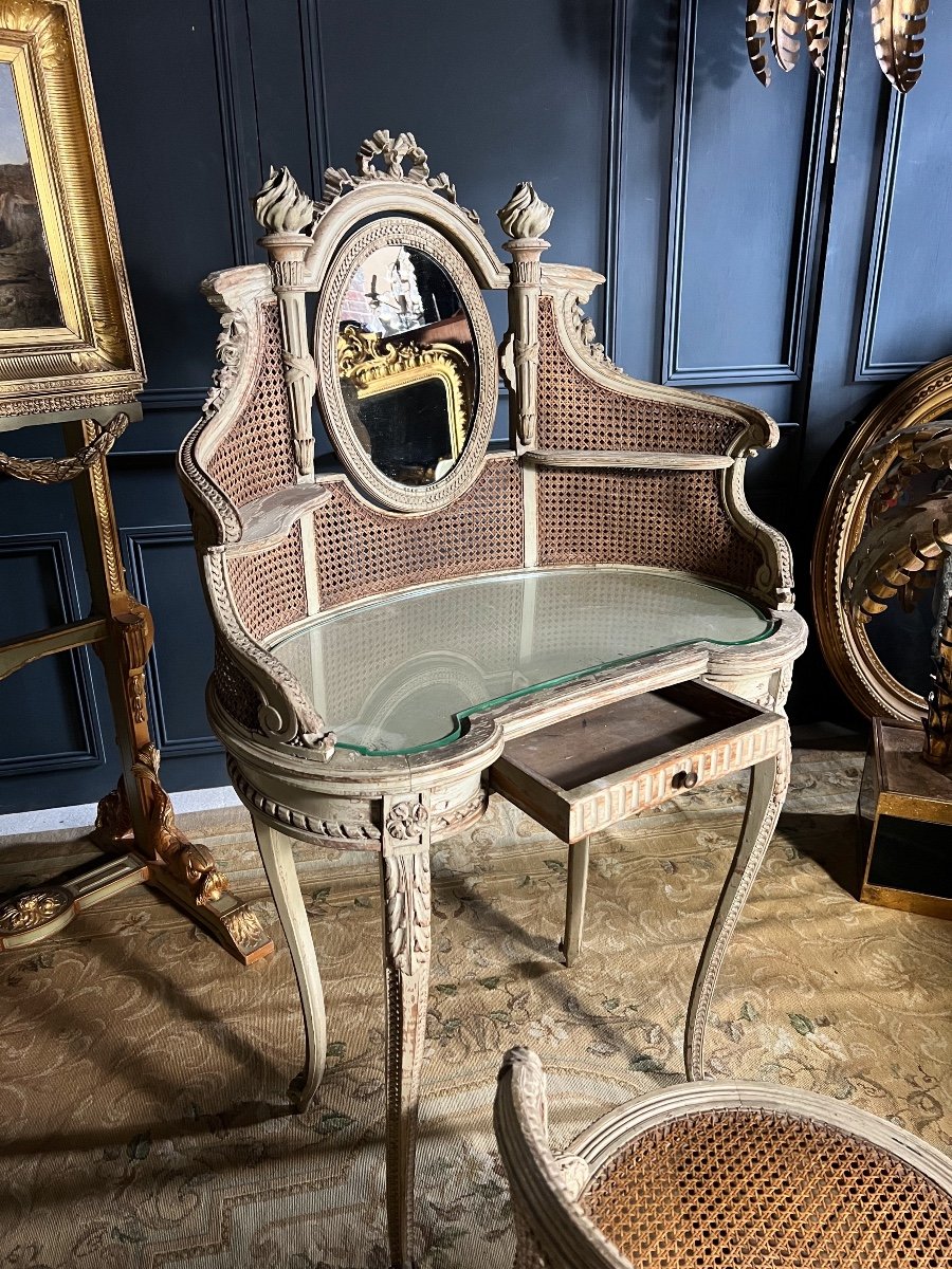 Dressing Table And Its Chair In Caning From The Napoleon III Period In Painted Wood In The Louis XVI Style-photo-5