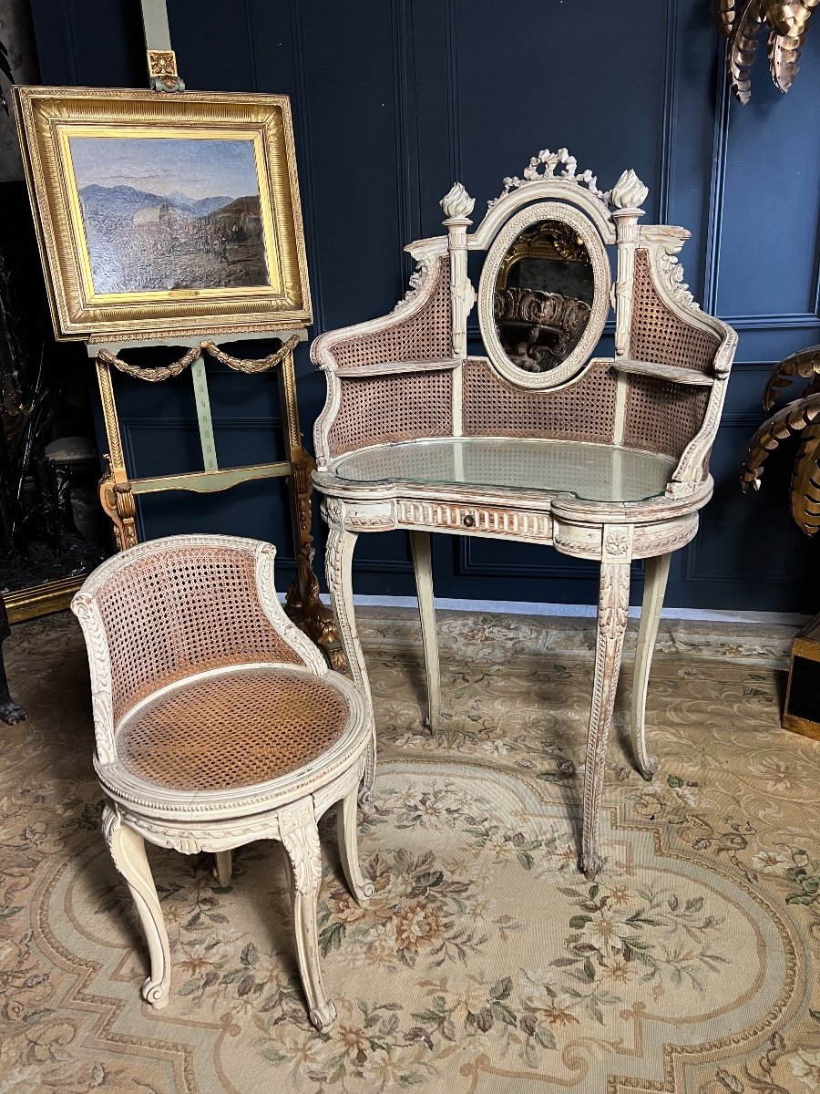 Dressing Table And Its Chair In Caning From The Napoleon III Period In Painted Wood In The Louis XVI Style
