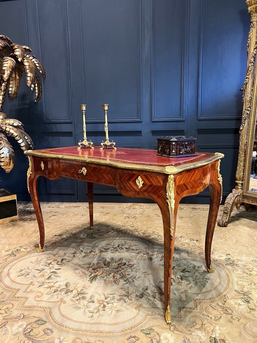 Napoleon III Period Desk In Marquetry Decorated With Gilded Bronzes In Louis XV Style - 19th-photo-3