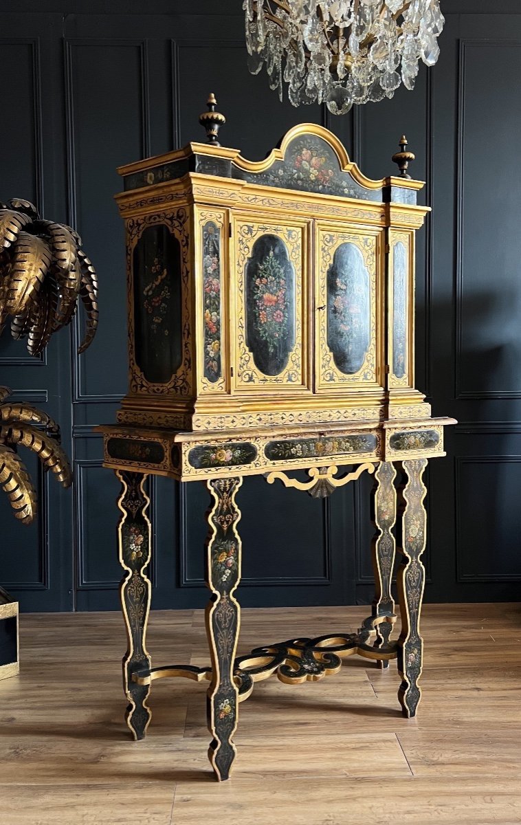 Napoleon III Period Cabinet In Painted And Gilded Wood With Floral Decor - 19th Century-photo-3