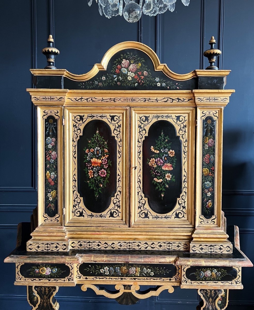 Napoleon III Period Cabinet In Painted And Gilded Wood With Floral Decor - 19th Century-photo-4