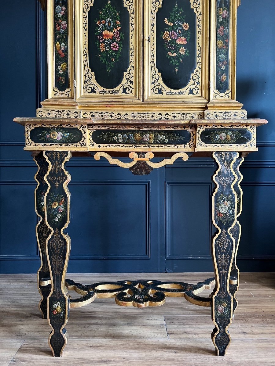 Napoleon III Period Cabinet In Painted And Gilded Wood With Floral Decor - 19th Century-photo-3