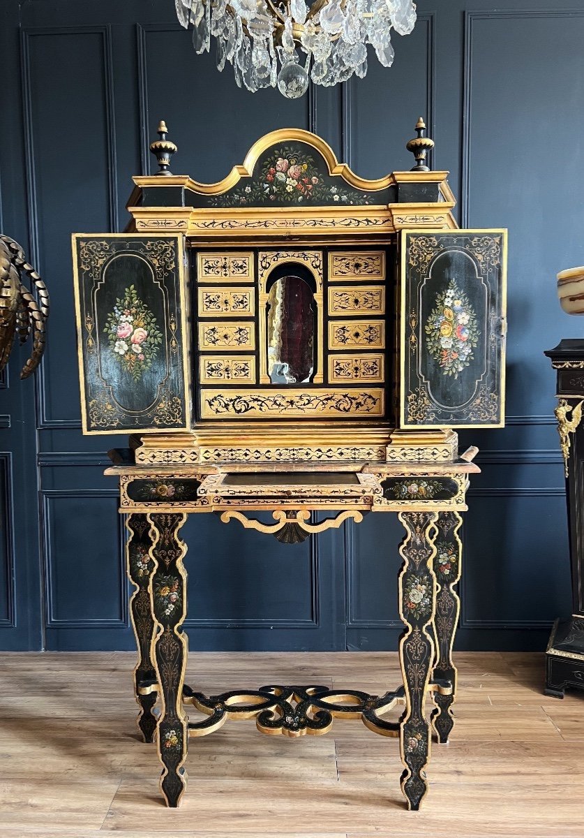 Napoleon III Period Cabinet In Painted And Gilded Wood With Floral Decor - 19th Century-photo-4